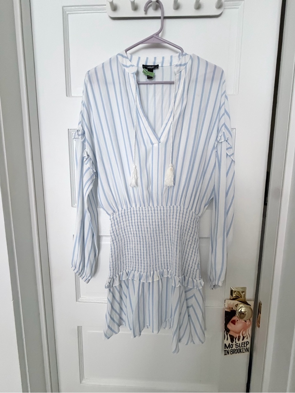 Aqua Striped V-Neck Smocked Waist Dress in Light Blue and White
